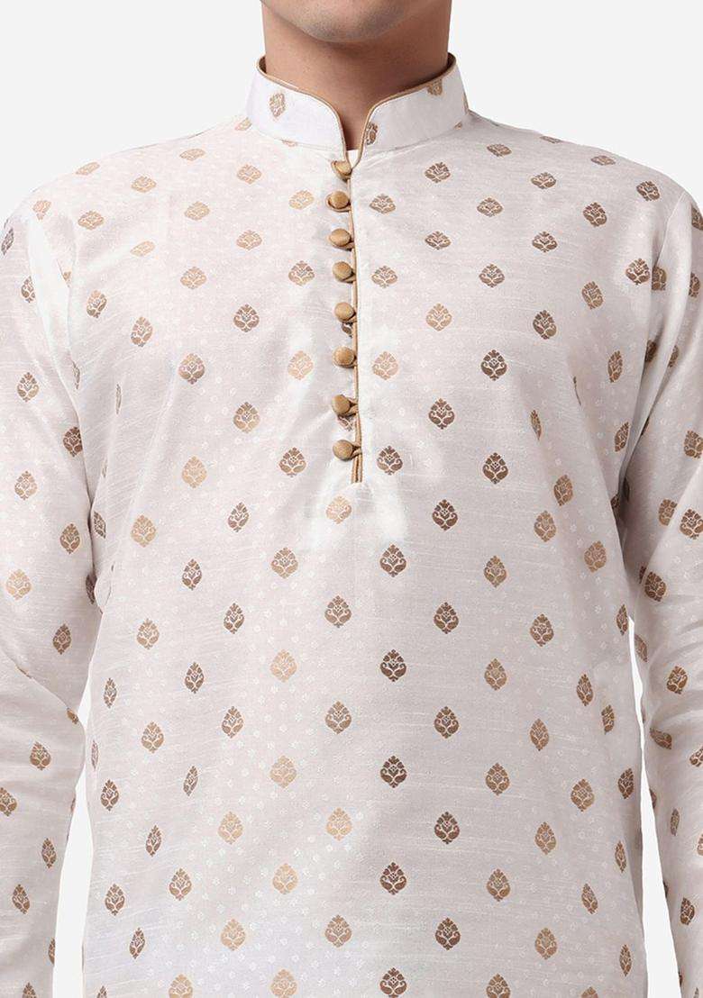 Beige Printed Silk Blend Kurta Set For Men - Indya