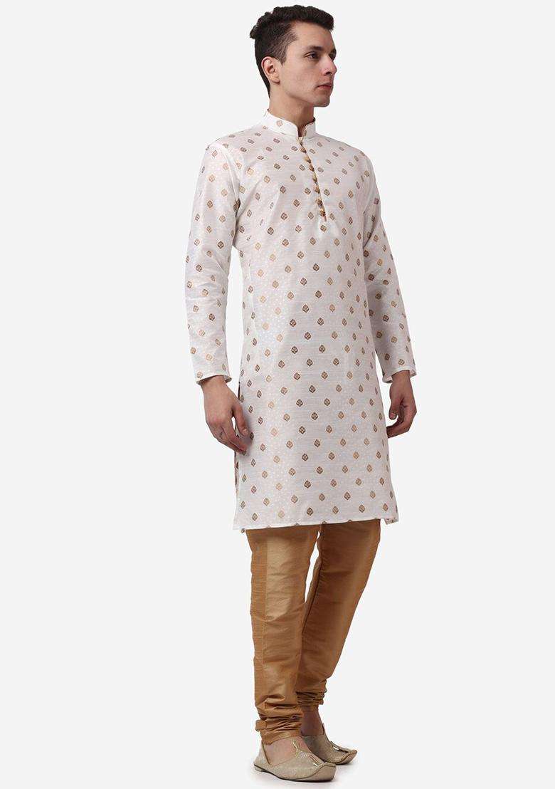 Beige Printed Silk Blend Kurta Set For Men - Indya