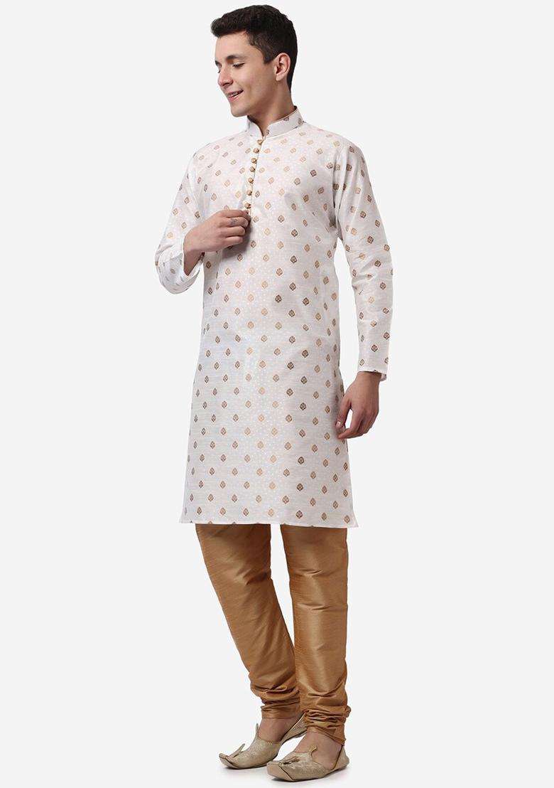 Beige Printed Silk Blend Kurta Set For Men - Indya