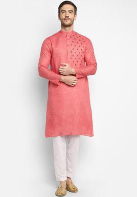Peach Yoke Design Cotton Kurta Set For Men