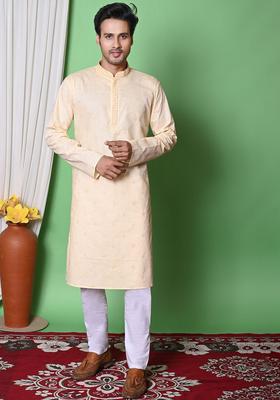 Beige Embroidered Cotton Kurta Set For Men