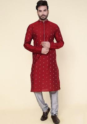 Red Woven Design Silk Kurta Set For Men