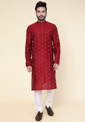 Maroon Woven Design Silk Kurta Set For Men