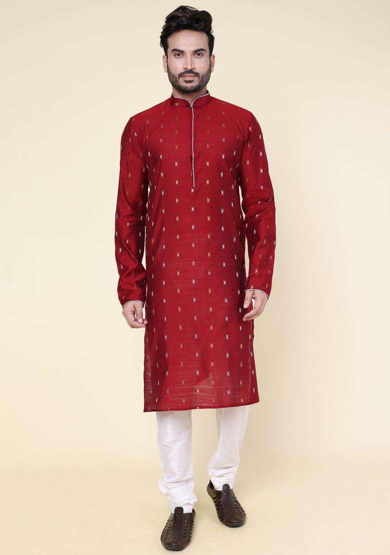 Maroon Woven Design Silk Blend Kurta Set For Men - Indya