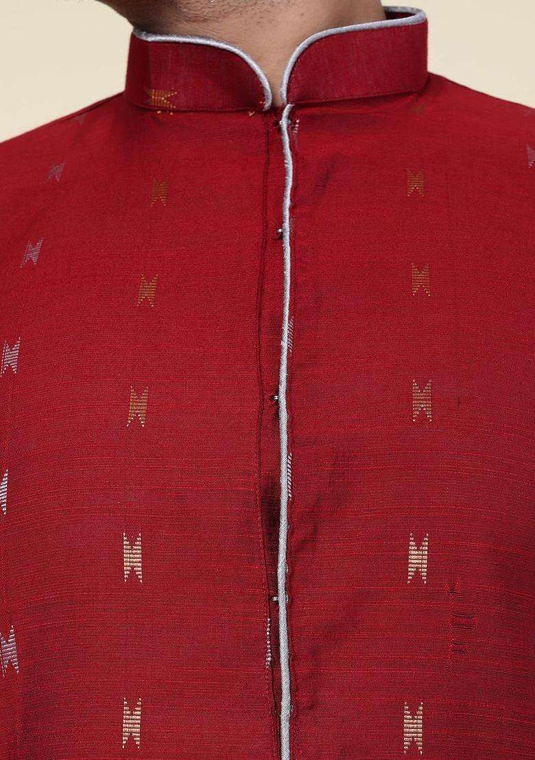 Maroon Woven Design Silk Blend Kurta Set For Men - Indya
