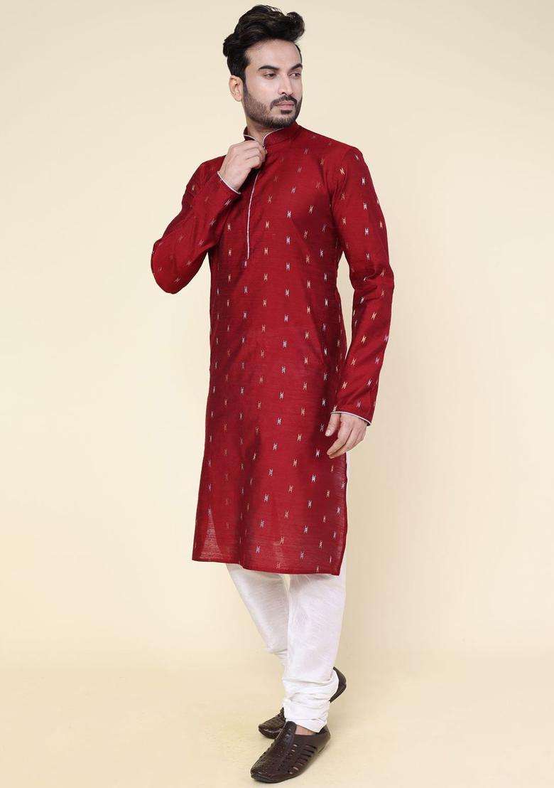 Maroon Woven Design Silk Blend Kurta Set For Men - Indya