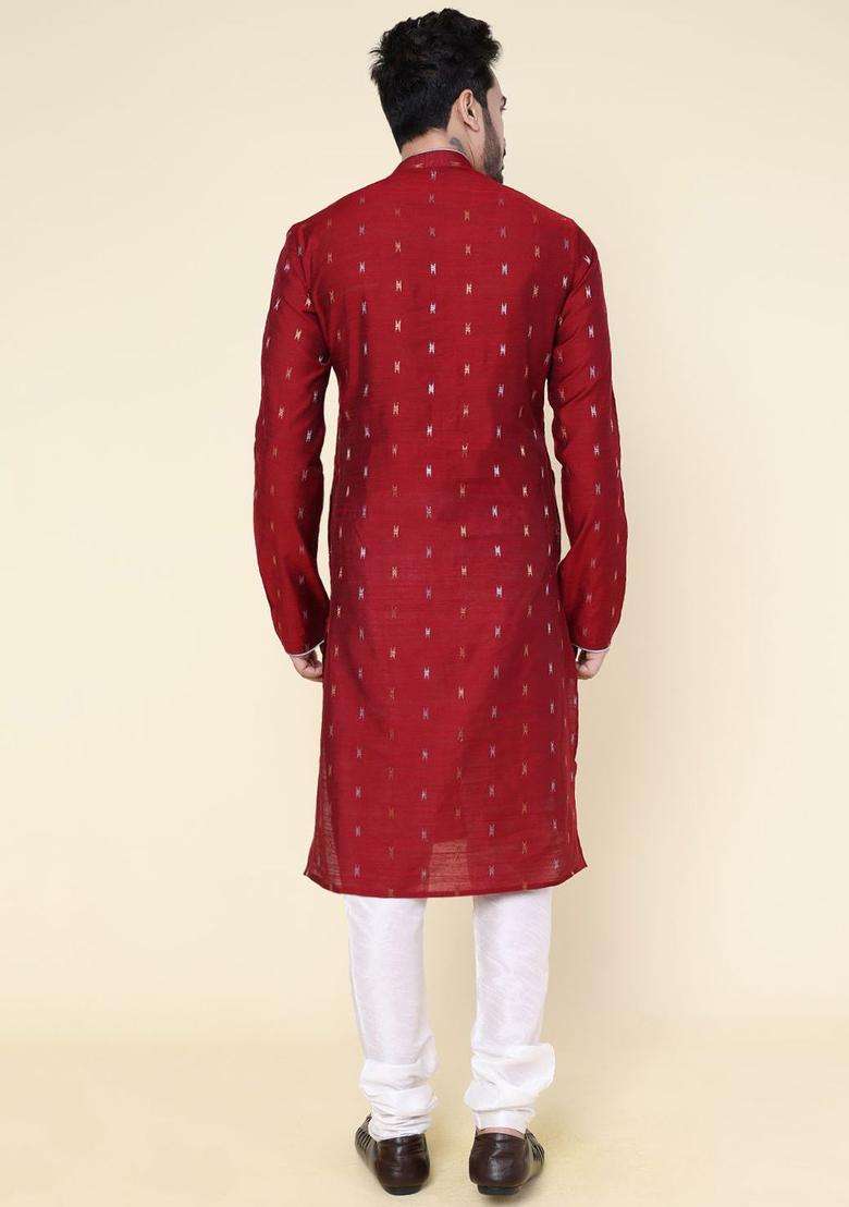 Maroon Woven Design Silk Blend Kurta Set For Men - Indya