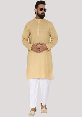 Gold Solid Cotton Kurta Set For Men