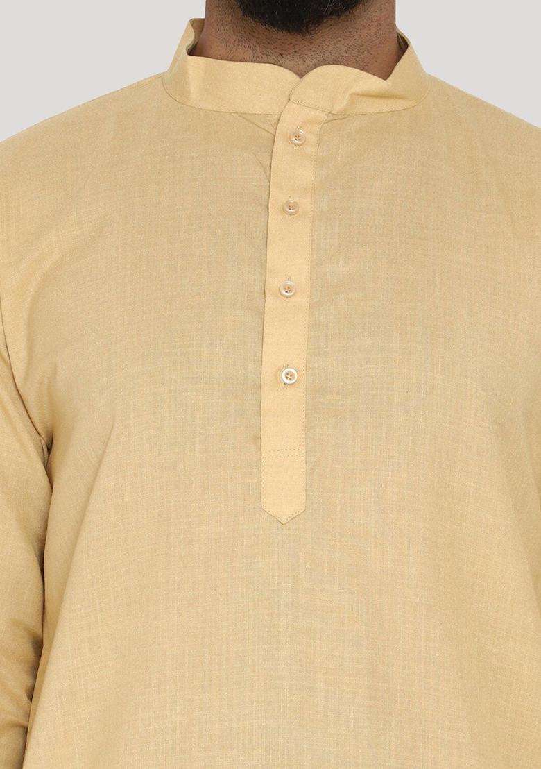 Gold Solid Cotton Kurta Set For Men - Indya