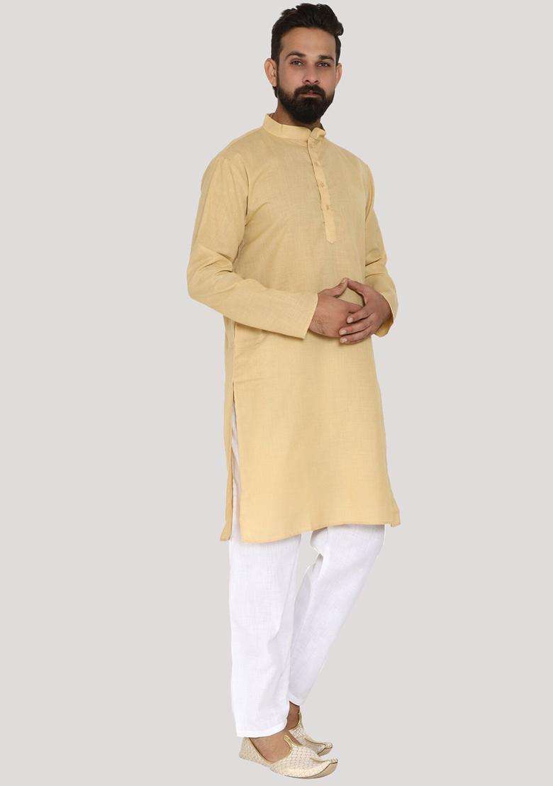 Gold Solid Cotton Kurta Set For Men - Indya