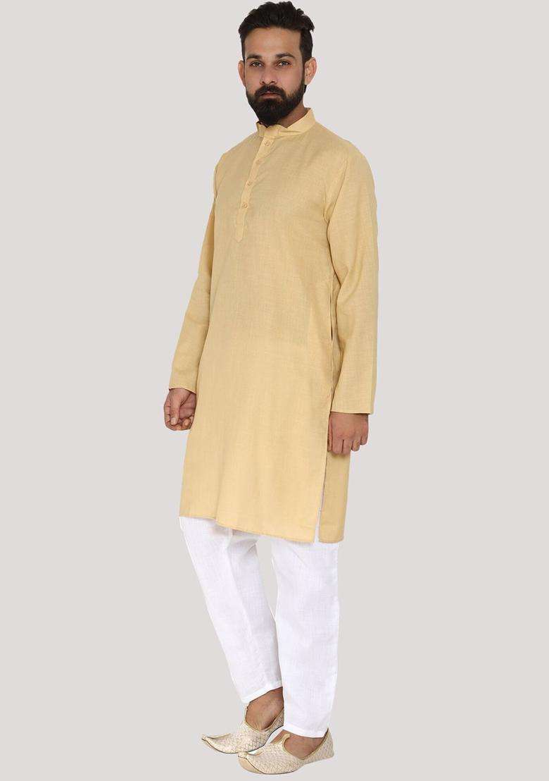Gold Solid Cotton Kurta Set For Men - Indya