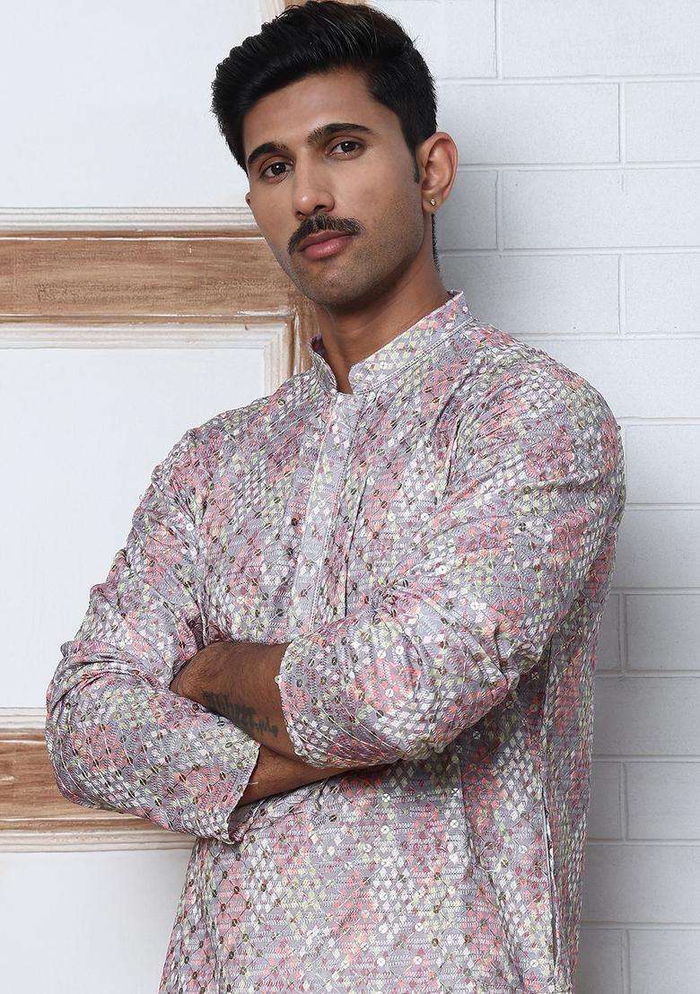 Multi Woven Design Cotton Kurta Set For Men - Indya