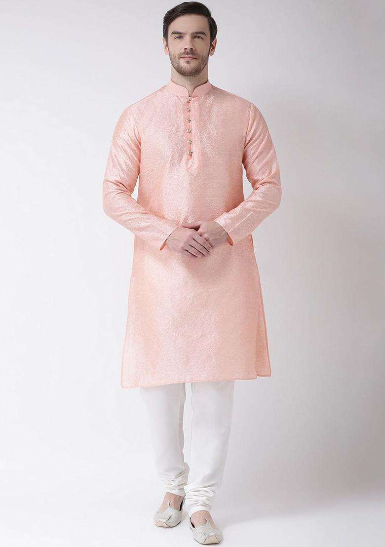 Pink Woven Design Silk Blend Kurta Set For Men - Indya