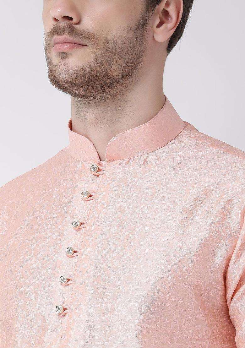Pink Woven Design Silk Blend Kurta Set For Men - Indya