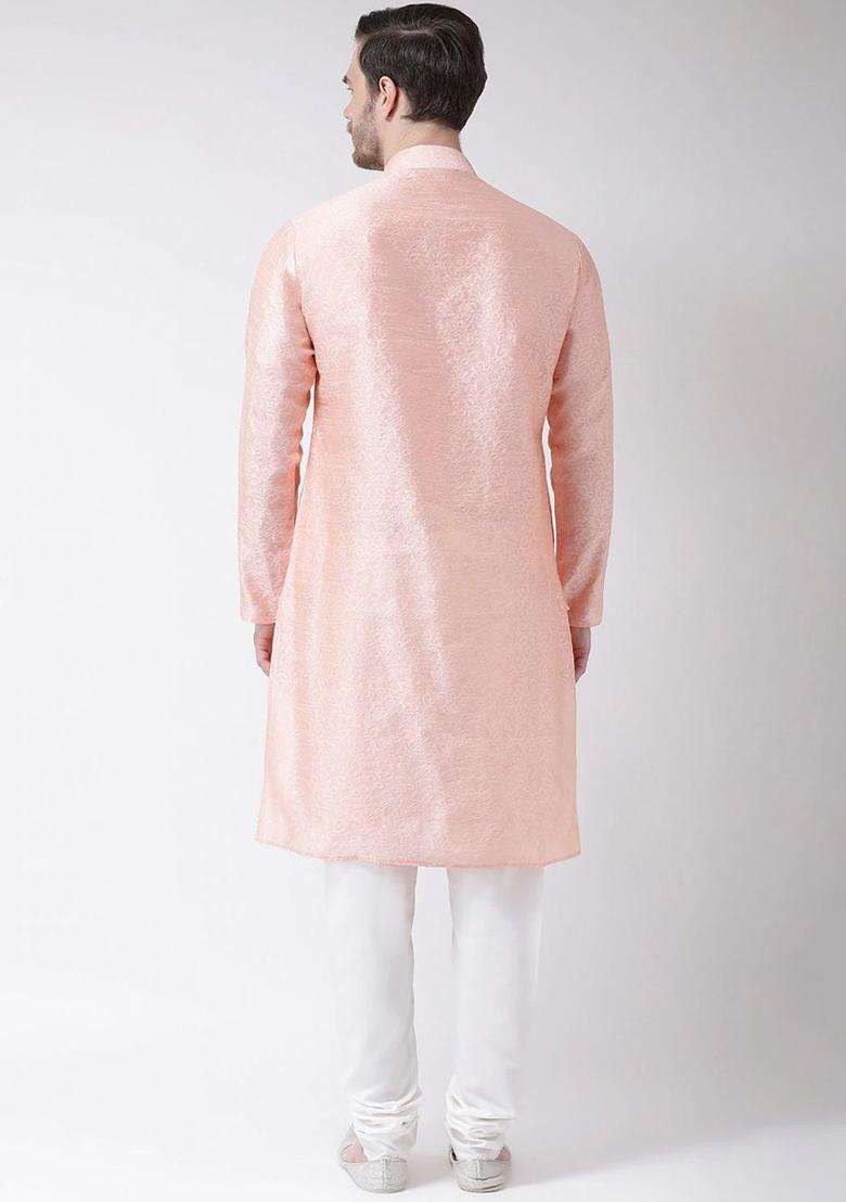 Pink Woven Design Silk Blend Kurta Set For Men - Indya