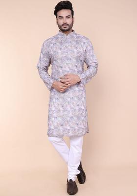 White Printed Silk Kurta Set For Men