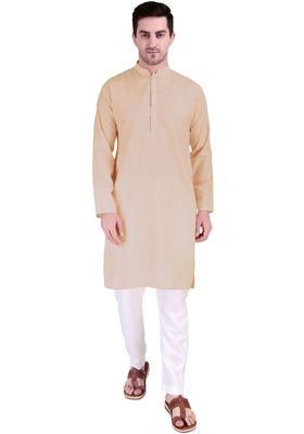 Beige Solid Cotton Kurta Set For Men