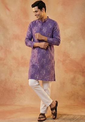 Purple Printed Cotton Kurta Set For Men