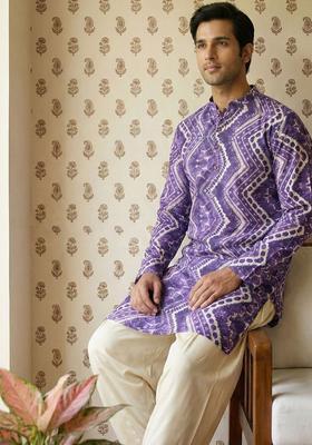 Purple Printed Cotton Kurta Set For Men