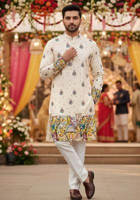 Beige Embroidered Cotton Kurta Set For Men