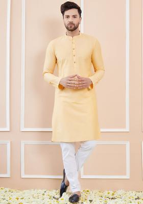 Beige Solid Cotton Kurta Set For Men