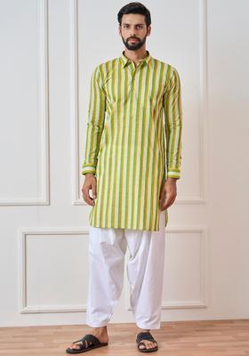 Lime Green Striped Cotton Kurta Set For Men