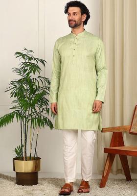 Lime Green Self Design Cotton Kurta Set For Men