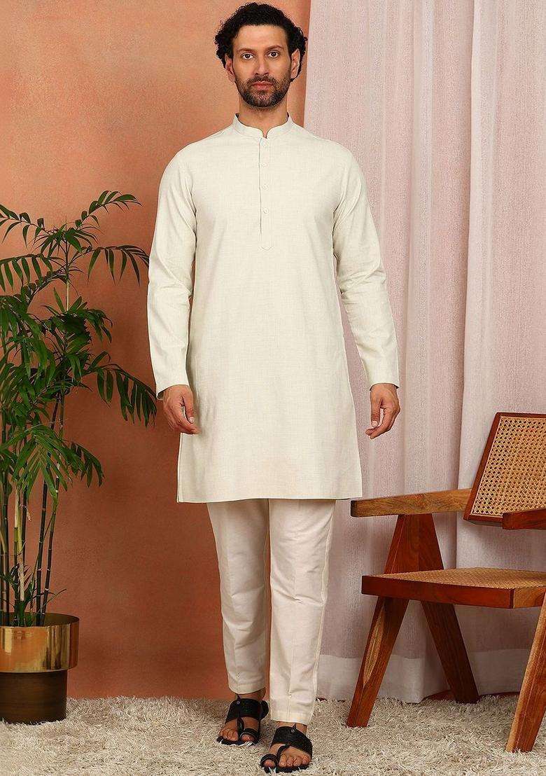Off White Solid Cotton Kurta Set For Men - Indya