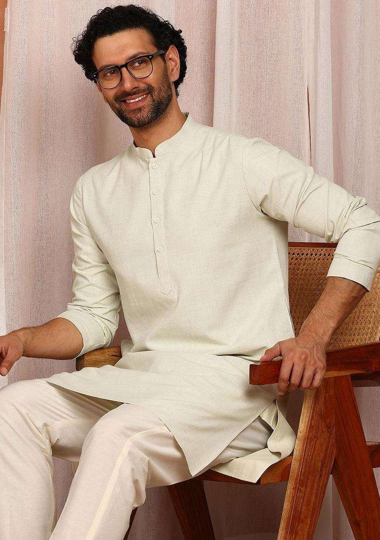 Off White Solid Cotton Kurta Set For Men - Indya
