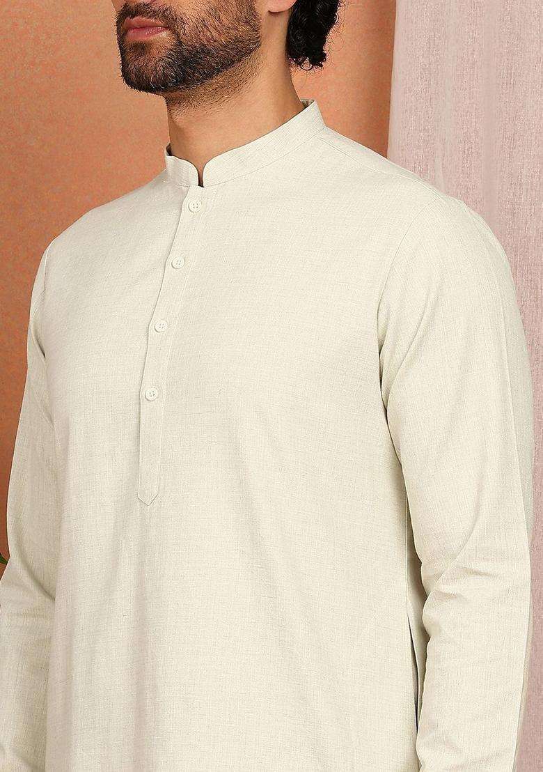 Off White Solid Cotton Kurta Set For Men - Indya