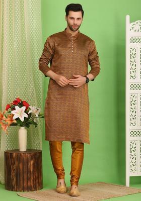 Brown Woven Design Cotton Kurta Set For Men