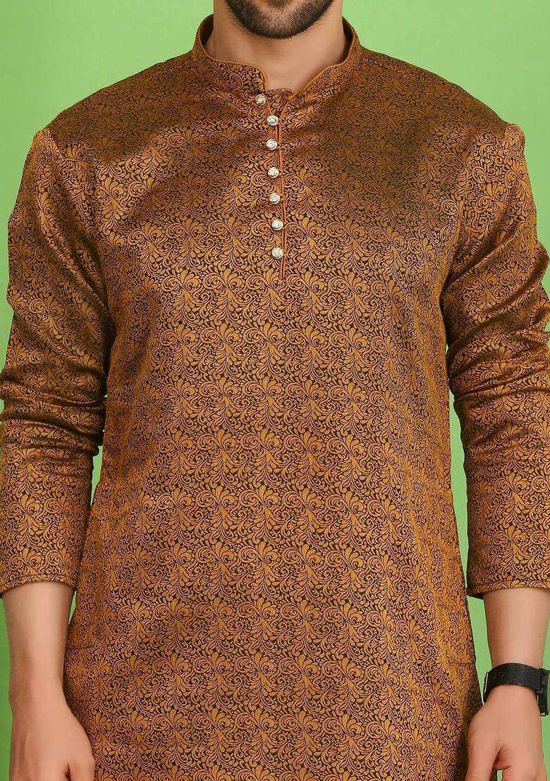 Brown Woven Design Cotton Kurta Set For Men - Indya