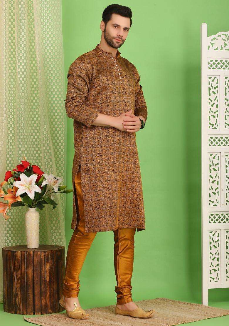 Brown Woven Design Cotton Kurta Set For Men - Indya