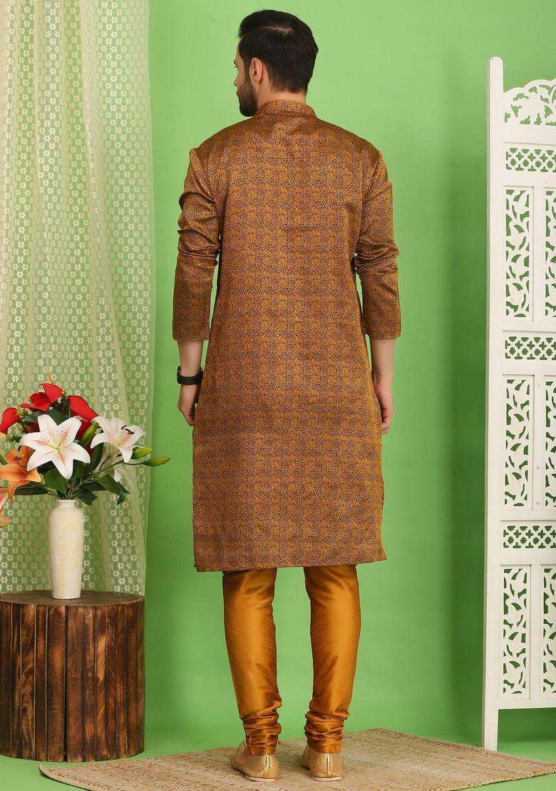Brown Woven Design Cotton Kurta Set For Men - Indya
