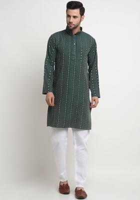 Green Striped Cotton Kurta Set For Men