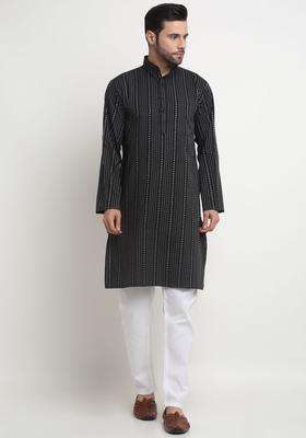 Black Striped Cotton Kurta Set For Men