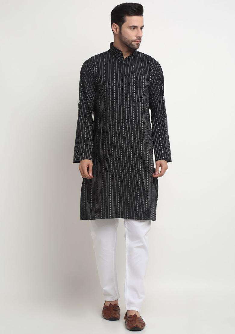 Black Striped Cotton Kurta Set For Men - Indya