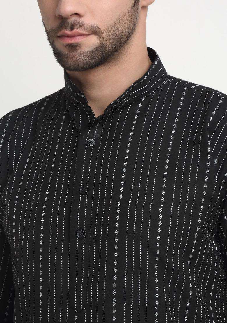 Black Striped Cotton Kurta Set For Men - Indya