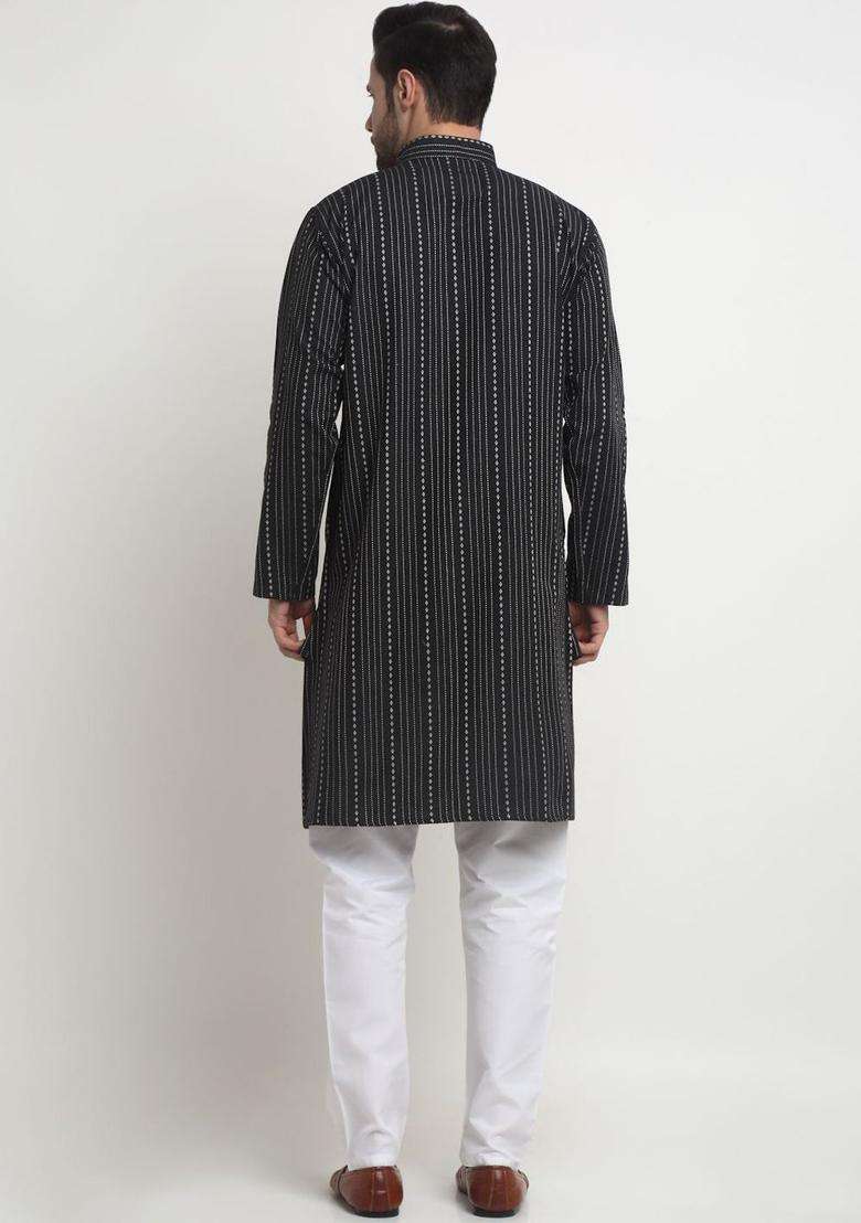 Black Striped Cotton Kurta Set For Men - Indya