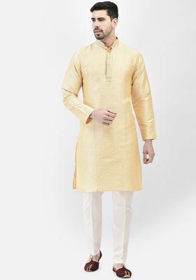 Beige Self Design Cotton Kurta Set For Men