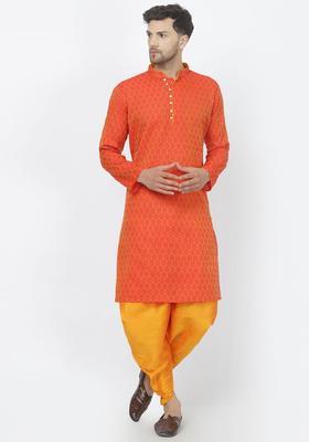 Orange Woven Design Cotton Kurta Set For Men