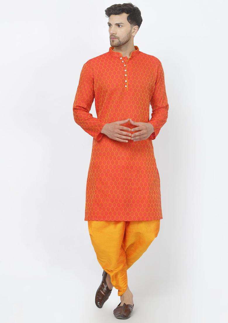 Orange Woven Design Cotton Kurta Set For Men - Indya