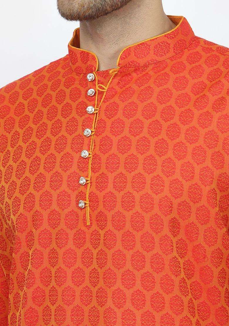 Orange Woven Design Cotton Kurta Set For Men - Indya