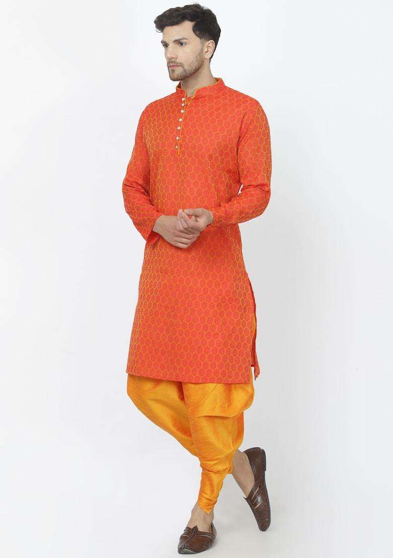 Orange Woven Design Cotton Kurta Set For Men - Indya