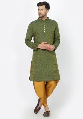 Green Self Design Cotton Kurta Set For Men