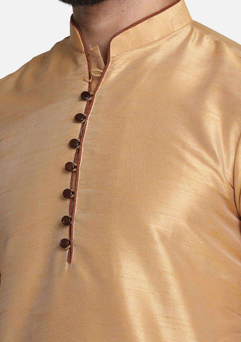 Gold Solid Silk Blend Kurta Set For Men - Indya