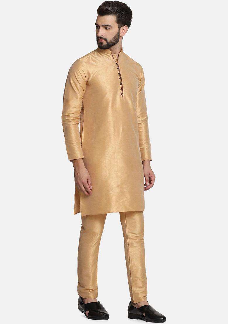 Gold Solid Silk Blend Kurta Set For Men - Indya