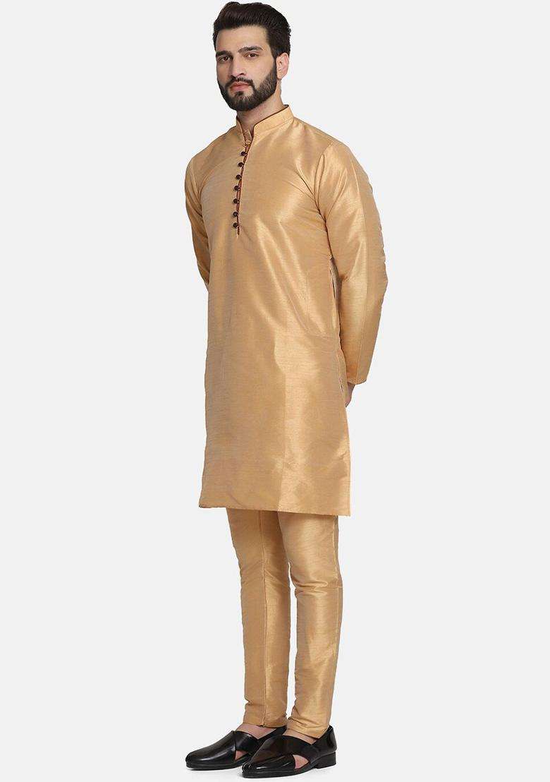 Gold Solid Silk Blend Kurta Set For Men - Indya