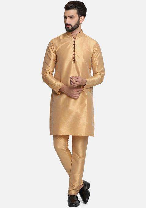 Gold Solid Silk Blend Kurta Set For Men