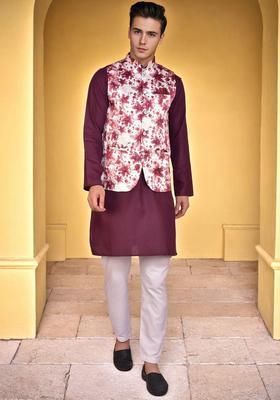 Purple Solid Cotton Kurta Set For Men